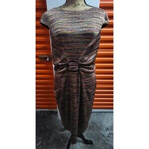 David Meister Multi-Color Knit Cap Sleeve Pocket Gathered Sheath Dress Women 14
